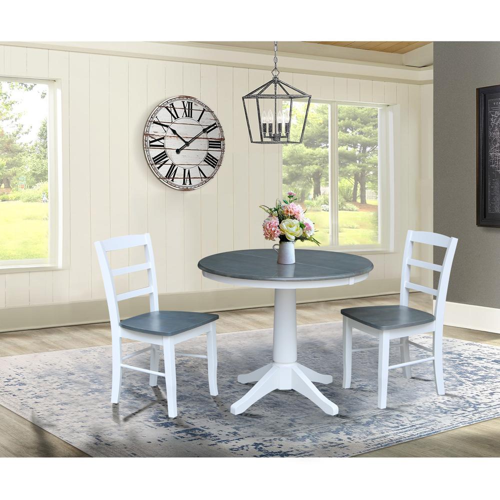 36" Round Extension Dining Table with 2 Madrid Ladderback Chairs - 3 Piece Dining Set, White,Heather Gray. Picture 1