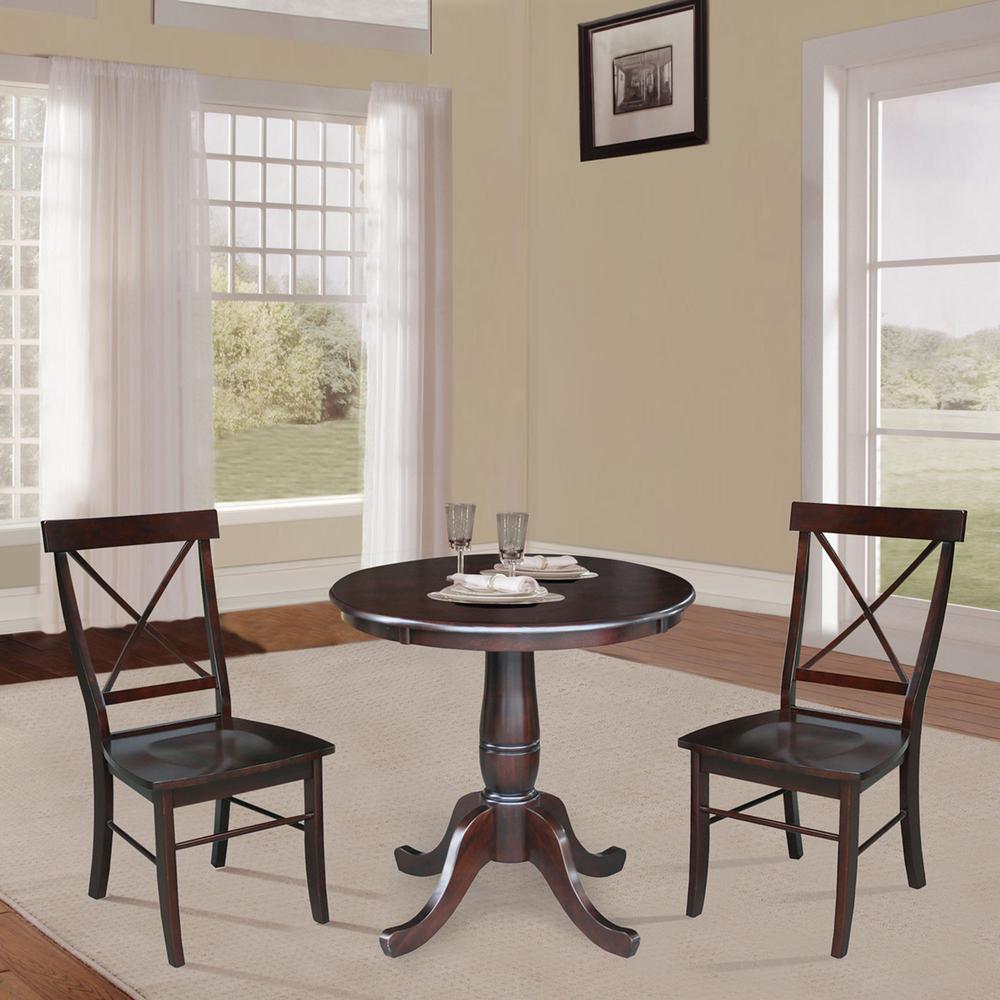 30" Round Top Pedestal Dining Table with 2 X-Back Chairs - 3 Piece Dining Set. Picture 1