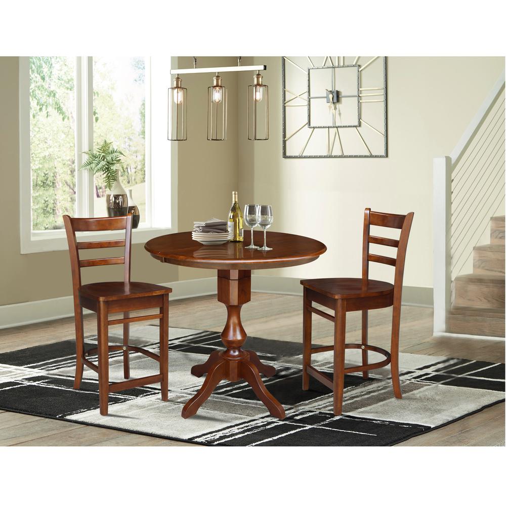 36" Round Extension Dining Table with 2 Emily Counter Height Stools - 3 Piece Set , Espresso. Picture 1
