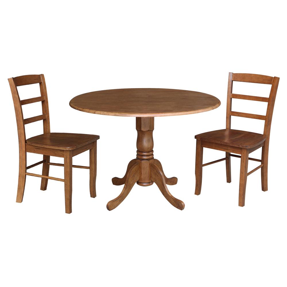 42" Dual Drop Leaf Pedestal Dining Table with 2 Madrid Ladderback Chairs. Picture 2