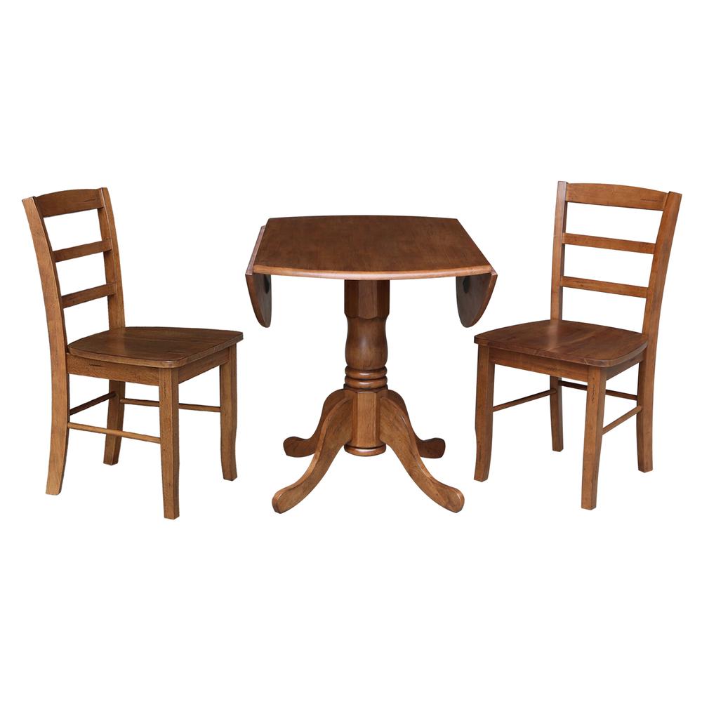 42" Dual Drop Leaf Pedestal Dining Table with 2 Madrid Ladderback Chairs. Picture 4
