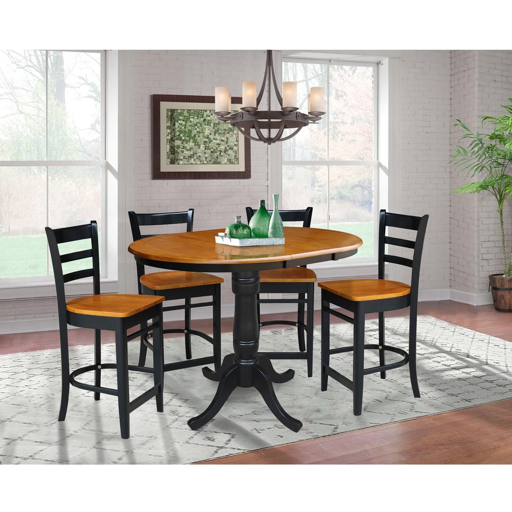36" Round Counter Height Extension Dining Table with 12" Leaf and 4 Emily Counter Height Stools - 5 Piece Set, Black - Cherry. Picture 1