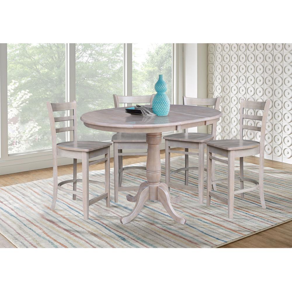 36" Round Extension Dining Table with 4 Madrid Counter Height Stools - 5 Piece Set, Washed Gray Taupe. Picture 1