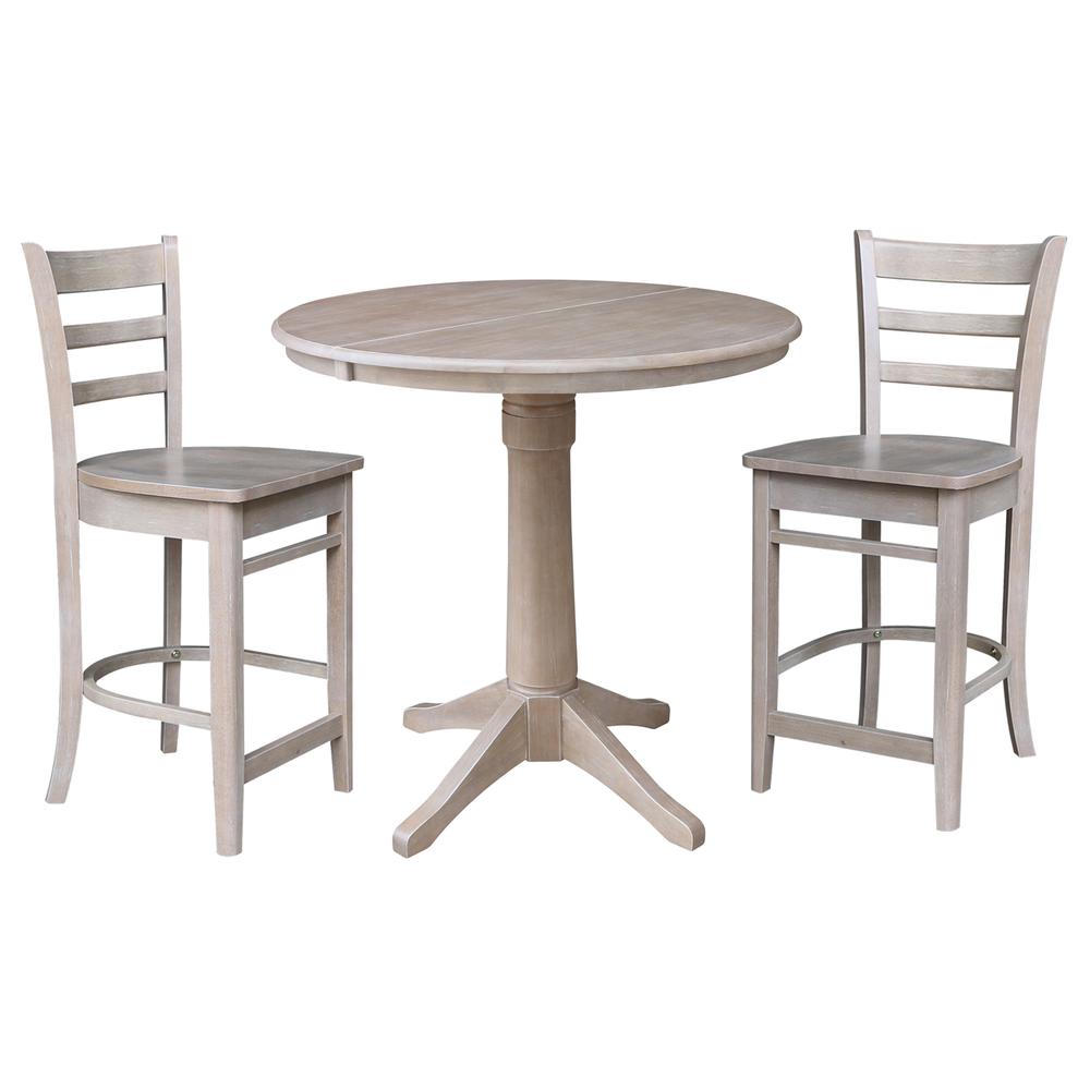 36" Round Extension Dining Table with 2 Emily Counter Height Stools - 3 Piece Set, Washed Gray Taupe. Picture 2