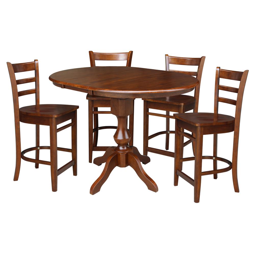 36" Round Extension Dining Table with 4 Emily Counter Height Stools-5 Piece Set, Espresso. Picture 2
