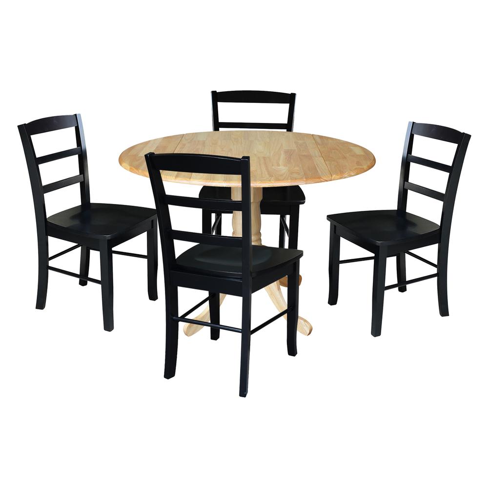 42 in. Dual Drop Leaf Table with 4  Ladder Back Dining Chairs - 5 Piece Dining Set in Natural table/black chairs. Picture 1