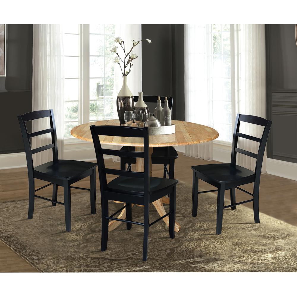 42 in. Dual Drop Leaf Table with 4  Ladder Back Dining Chairs - 5 Piece Dining Set in Natural table/black chairs. Picture 2