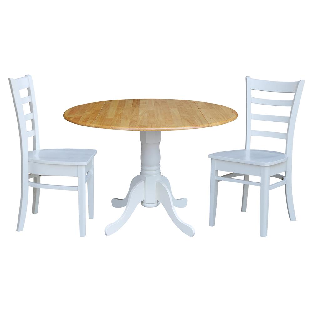 42 in. Dual Drop Leaf Table with 2 Ladder Back Dining Chairs - 3 Piece Dining Set in White and natural table/white chairs. Picture 1