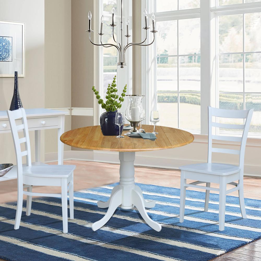 42 in. Dual Drop Leaf Table with 2 Ladder Back Dining Chairs - 3 Piece Dining Set in White and natural table/white chairs. Picture 2