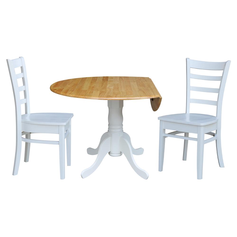 42 in. Dual Drop Leaf Table with 2 Ladder Back Dining Chairs - 3 Piece Dining Set in White and natural table/white chairs. Picture 3