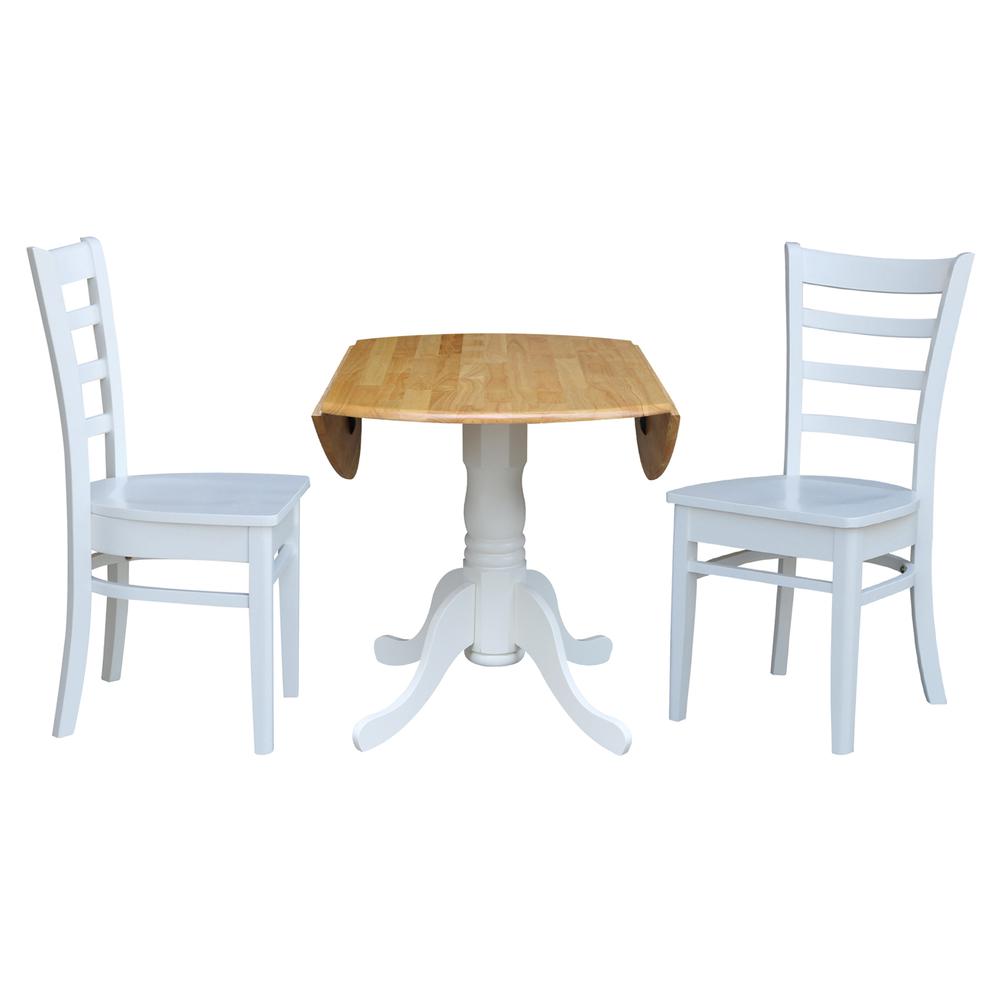 42 in. Dual Drop Leaf Table with 2 Ladder Back Dining Chairs - 3 Piece Dining Set in White and natural table/white chairs. Picture 5