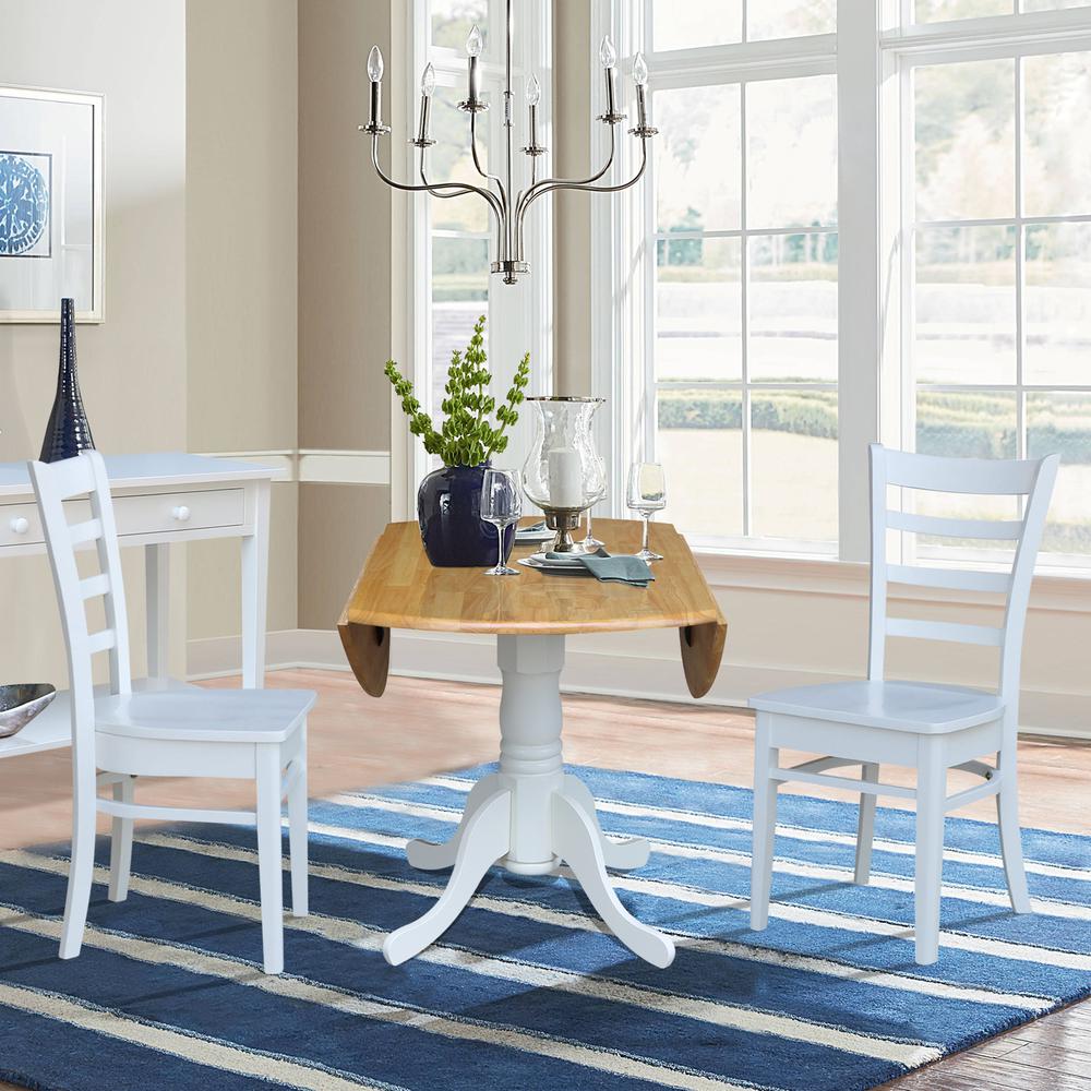 42 in. Dual Drop Leaf Table with 2 Ladder Back Dining Chairs - 3 Piece Dining Set in White and natural table/white chairs. Picture 6