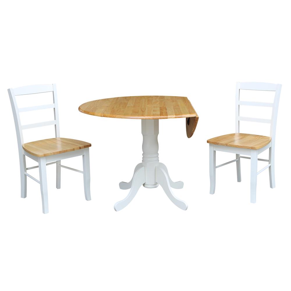 42" Dual Drop Leaf Table With 2 Madrid Chairs, White/Natural. Picture 2