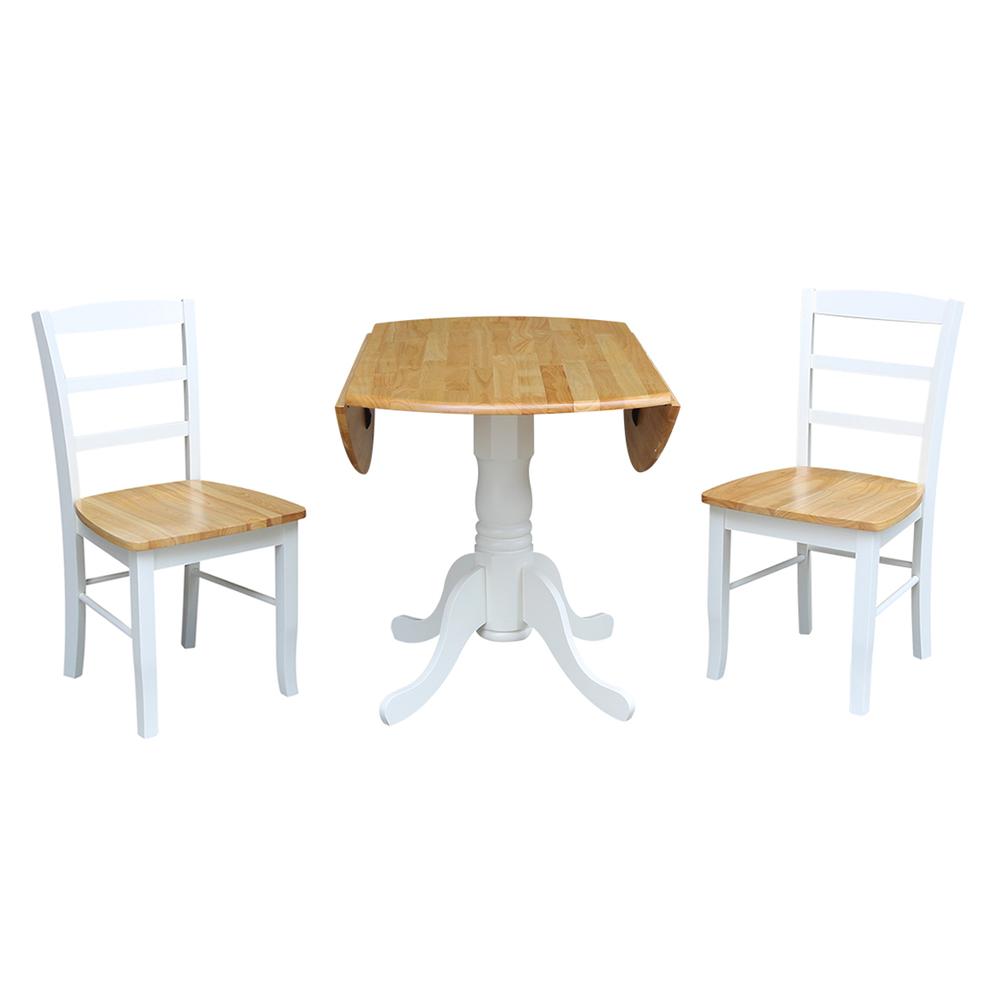 42" Dual Drop Leaf Table With 2 Madrid Chairs, White/Natural. Picture 3