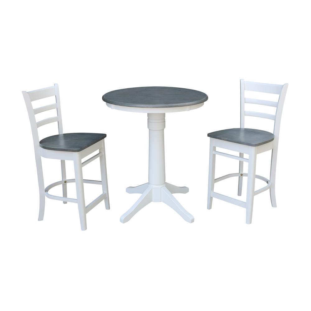 30" Round Pedestal Gathering Height Table with 2 Emily Counter Height Stools. Picture 1