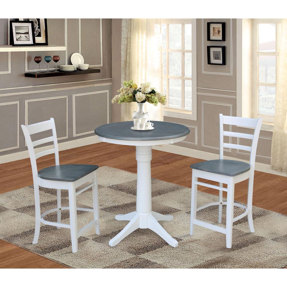 30" Round Pedestal Gathering Height Table with 2 Emily Counter Height Stools. Picture 4