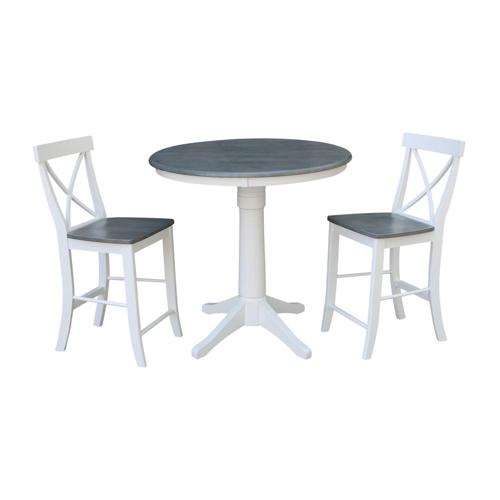 36" Round Pedestal Gathering Height Table With 2 X-Back Counter Height Stools. Picture 1