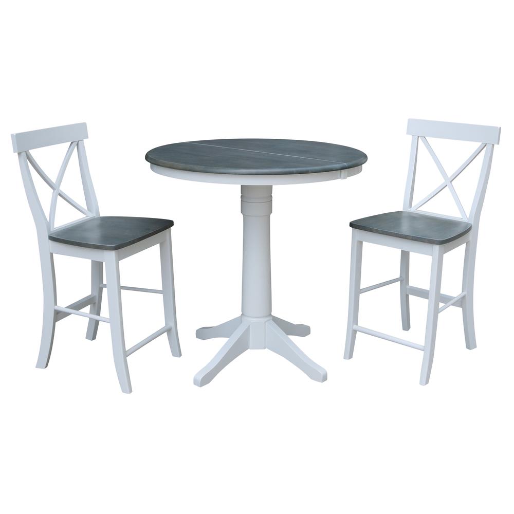 36" Round Extension Dining Table With 2 X-Back Counter Height Stools. Picture 1