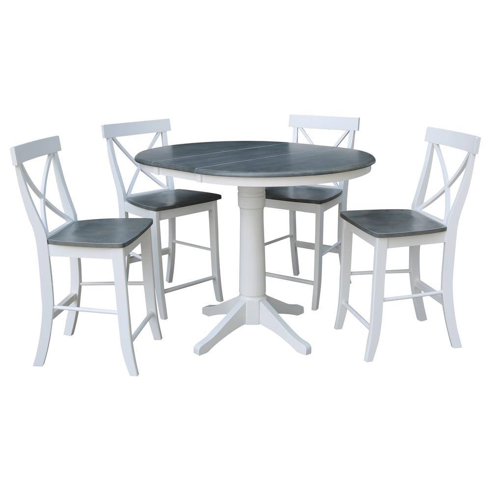 36" Round Extension Dining Table With 4 X-Back Counter Height Stools. Picture 1