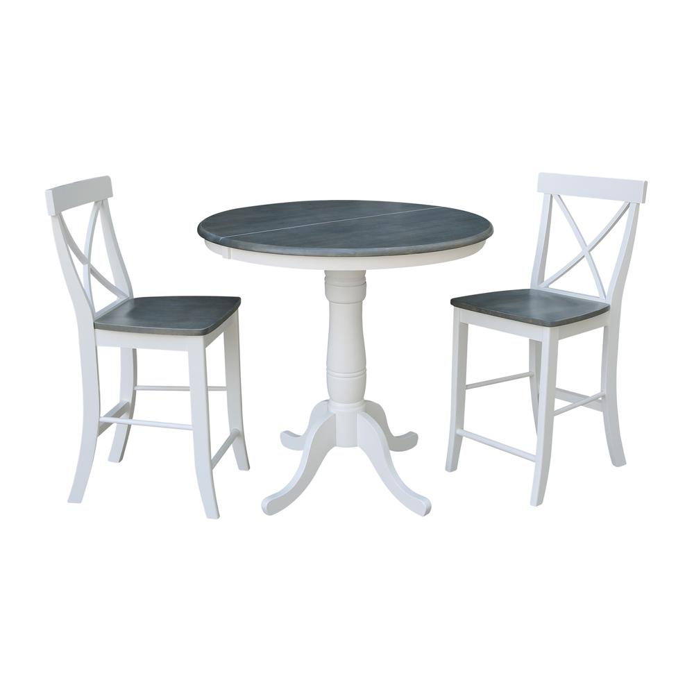 36" Round Extension Dining Table With 2 X-back Counter Height Stools - Set of 3. Picture 1