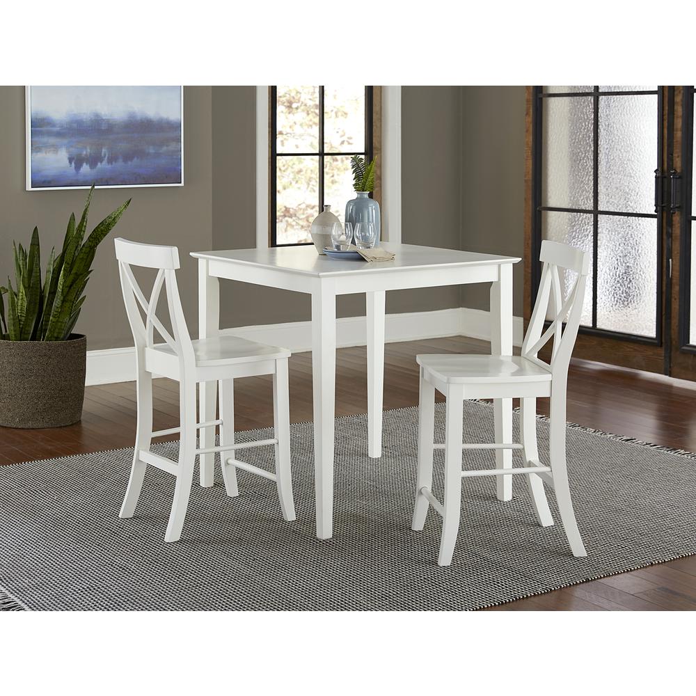 36X36 Counter Height Dining Table With 2 X-Back Counter height Stools, White. Picture 1