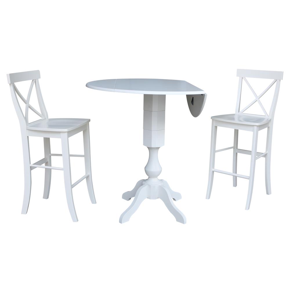 42 In Round Pedestal Bar Height Table with 2 Bar Height Stools, White. Picture 1