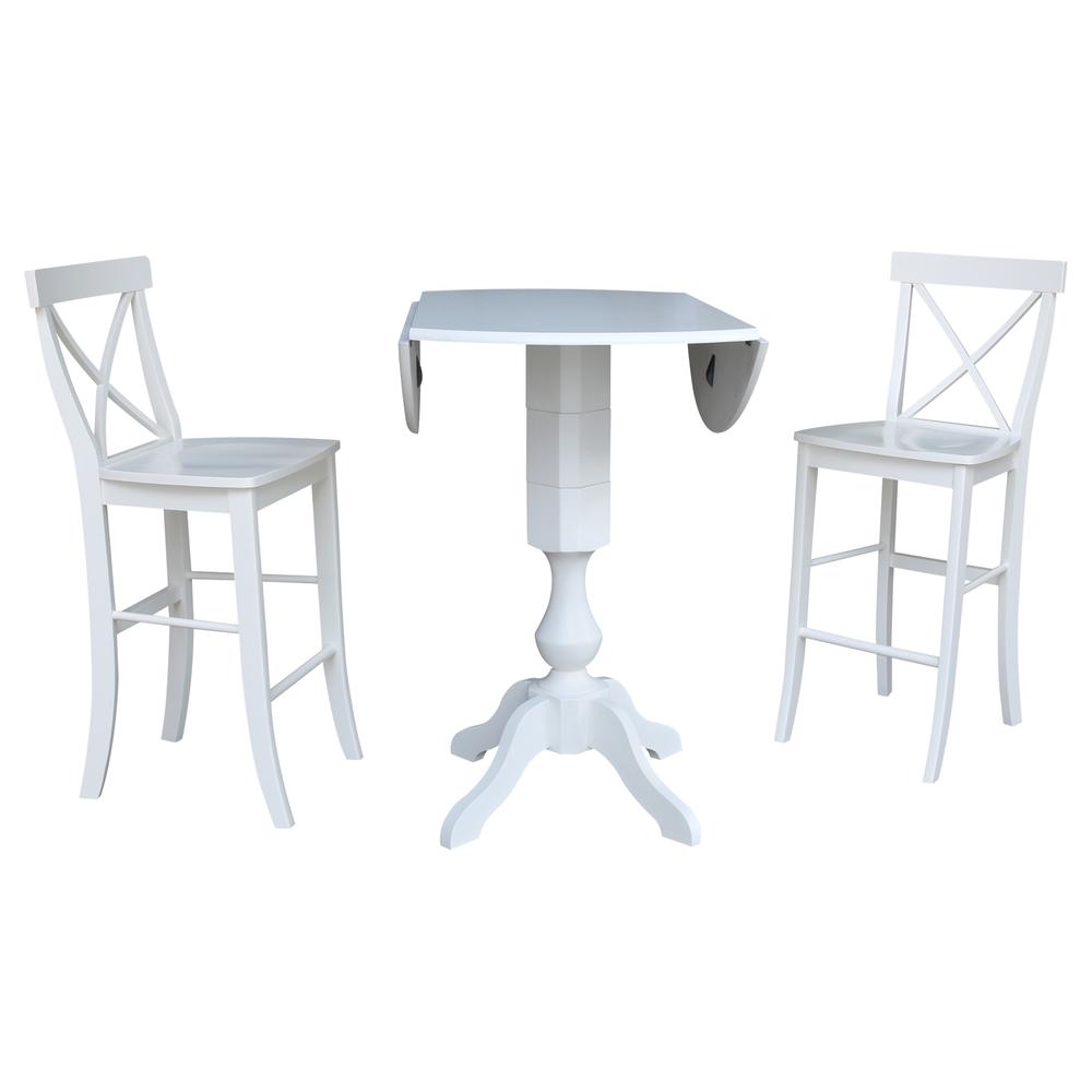 42 In Round Pedestal Bar Height Table with 2 Bar Height Stools, White. Picture 2