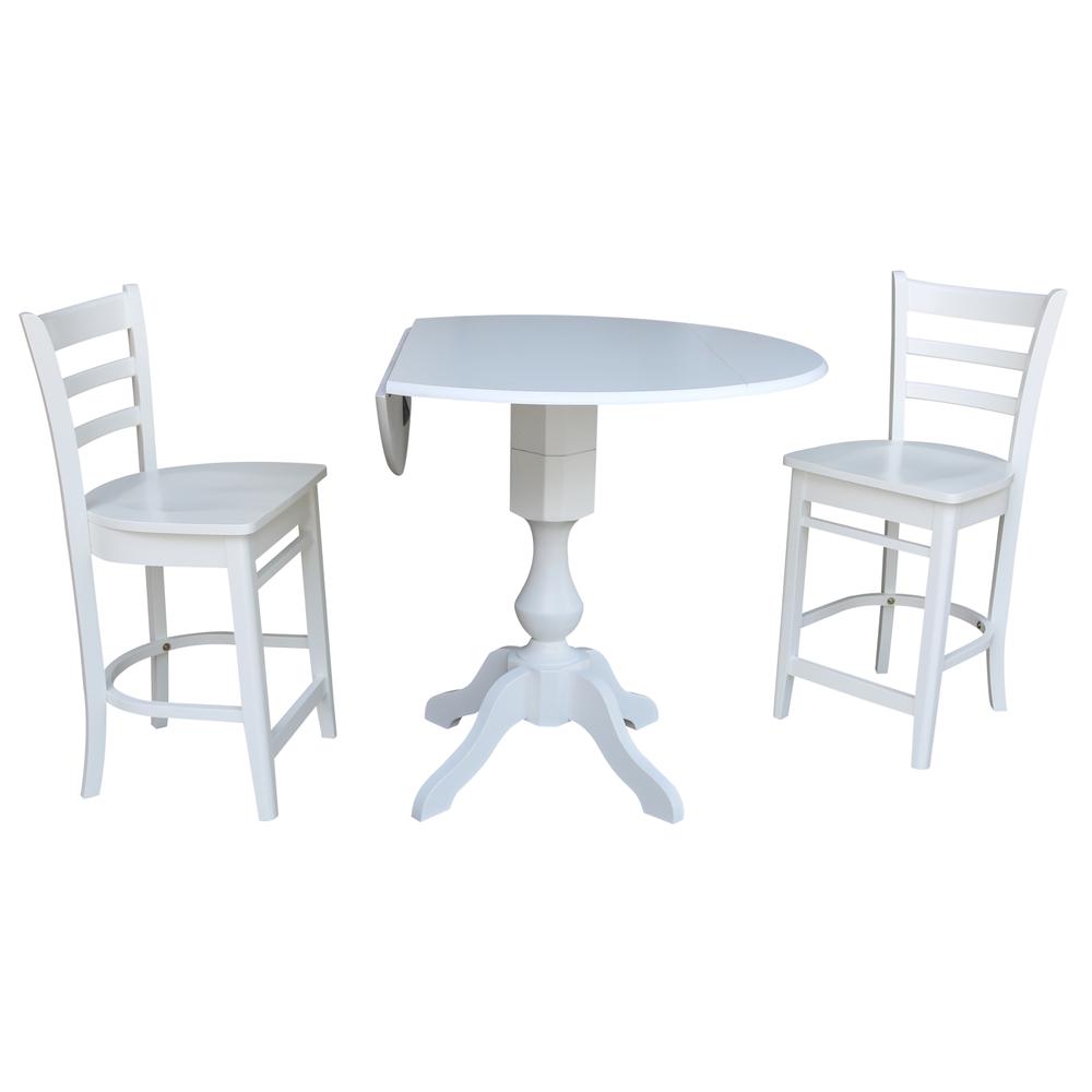 42 In Round Pedestal Gathering Height Table with 2 Counter Height Stools, White. Picture 1