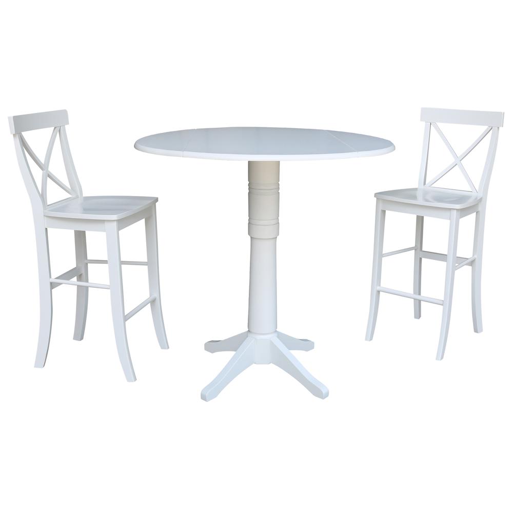 42 In Round Pedestal Bar Height Table with 2 Bar Height Stools, White. Picture 3