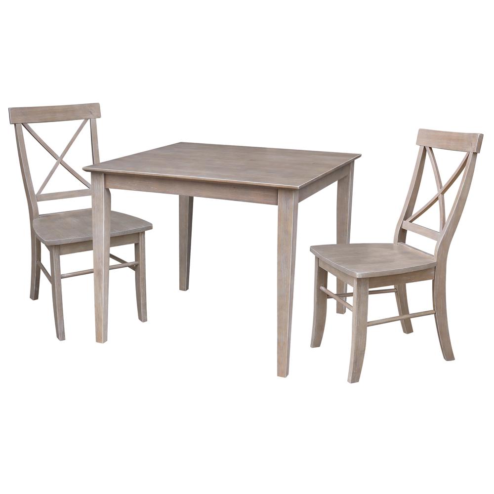 36X36 Dining Table With 2 X-Back Side Chairs, Washed Gray Taupe. Picture 2