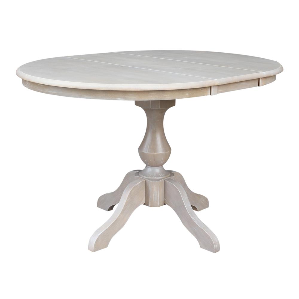 36" Round Extension Dining Table with Two Stools, Washed Gray Taupe. Picture 3