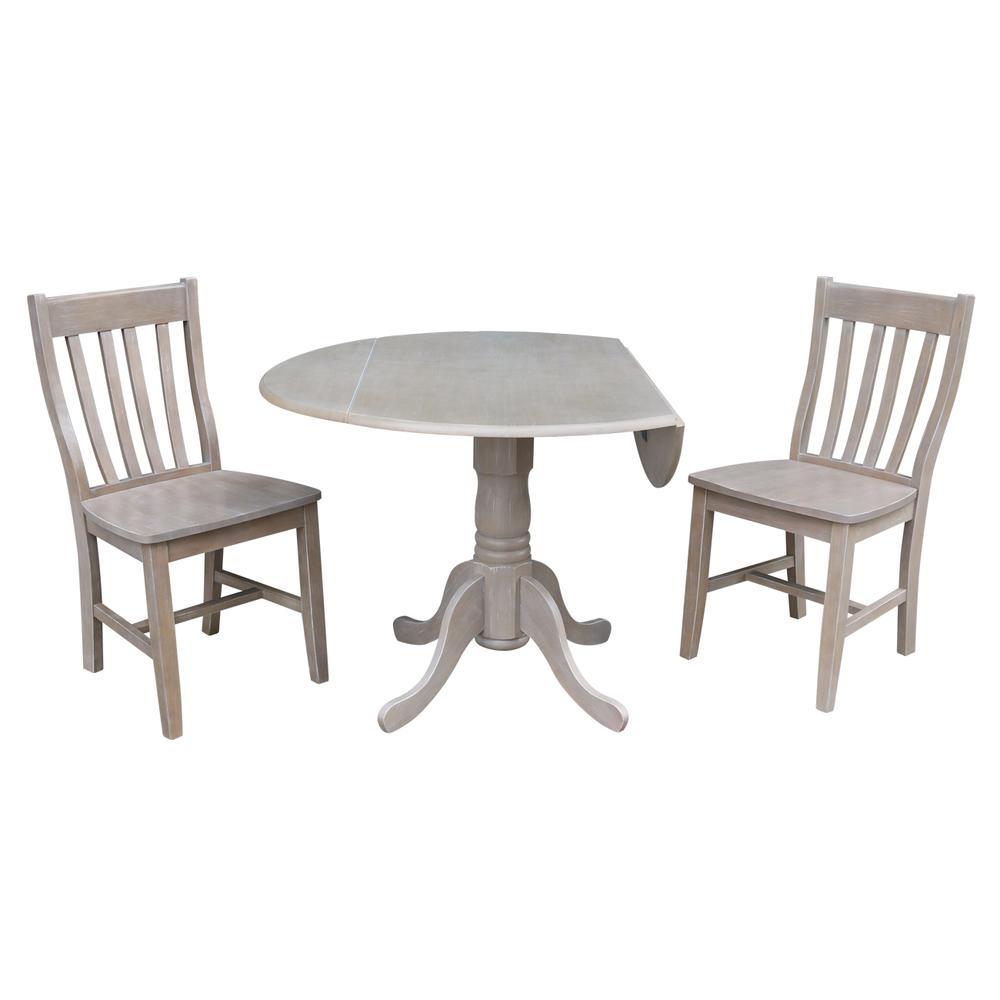 42" Dual Drop Leaf Table With 2 Schoolhouse Chairs, Washed Gray Taupe. Picture 1