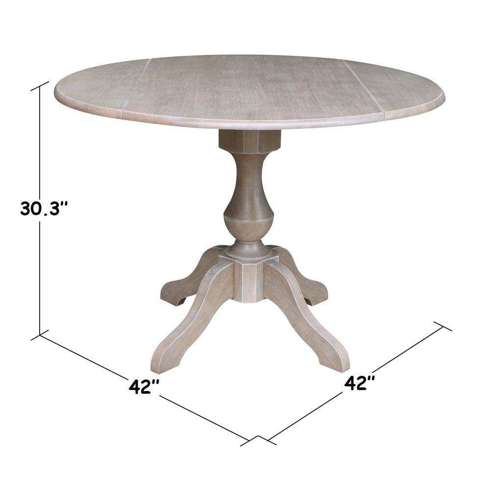 42" Round Dual Drop Leaf Pedestal Table - 30.3"H, Washed Gray Taupe. Picture 1
