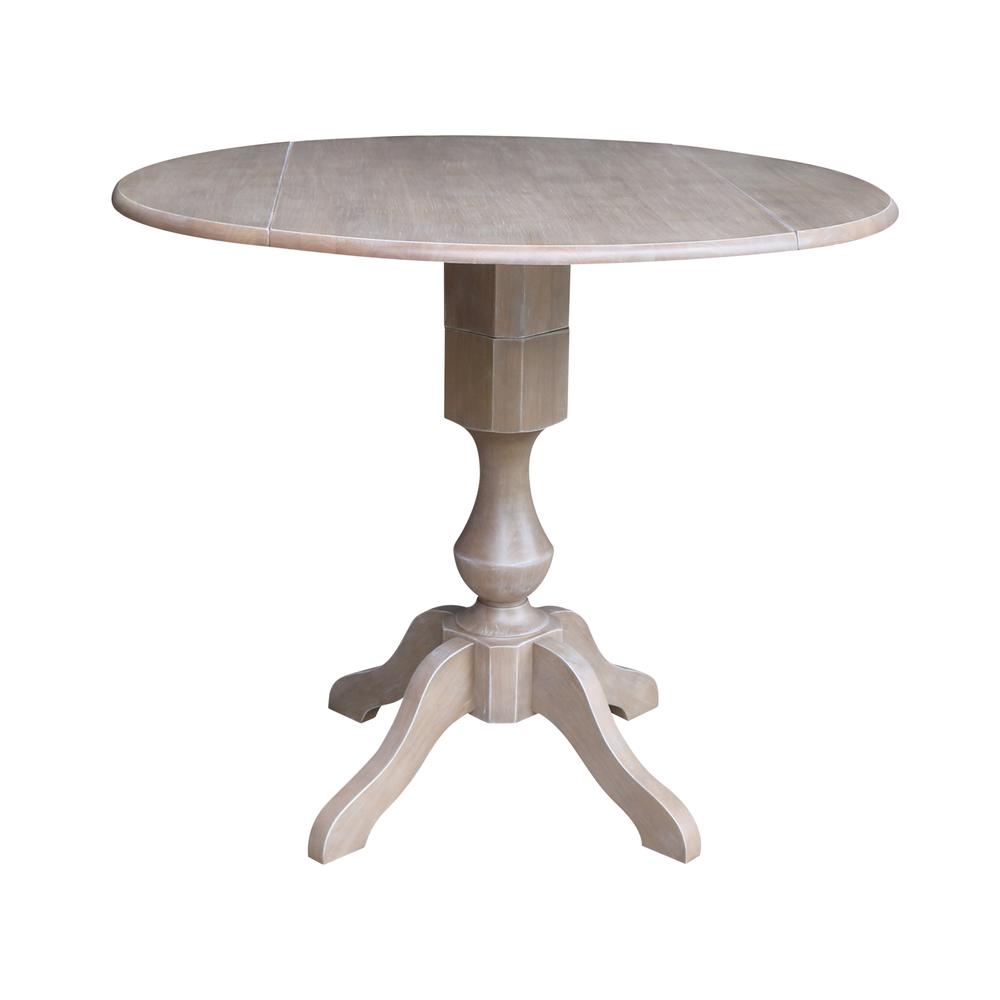 42" Round Dual Drop Leaf Pedestal Table - 36.3"H, Washed Gray Taupe. Picture 19