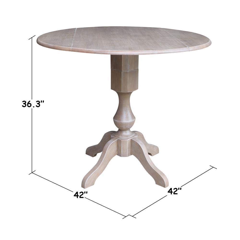 42" Round Dual Drop Leaf Pedestal Table - 36.3"H, Washed Gray Taupe. Picture 1