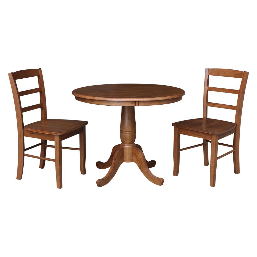 36" Round Top Pedestal Dining Table with 2 Madrid Ladderback Chairs. Picture 2