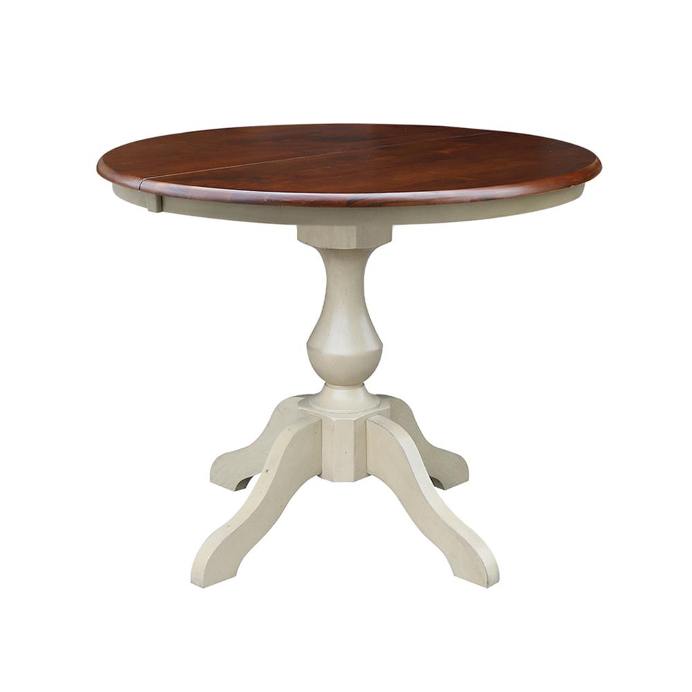 36" Round Top Pedestal Table With 12" Leaf - 28.9"H - Dining Height, Antiqued Almond/Espresso. Picture 17