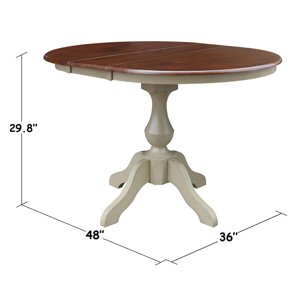 36" Round Top Pedestal Table With 12" Leaf - 28.9"H - Dining Height, Antiqued Almond/Espresso. Picture 8