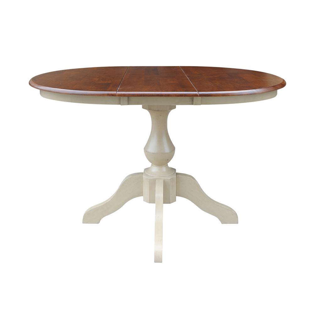 36" Round Top Pedestal Table With 12" Leaf - 28.9"H - Dining Height, Antiqued Almond/Espresso. Picture 9