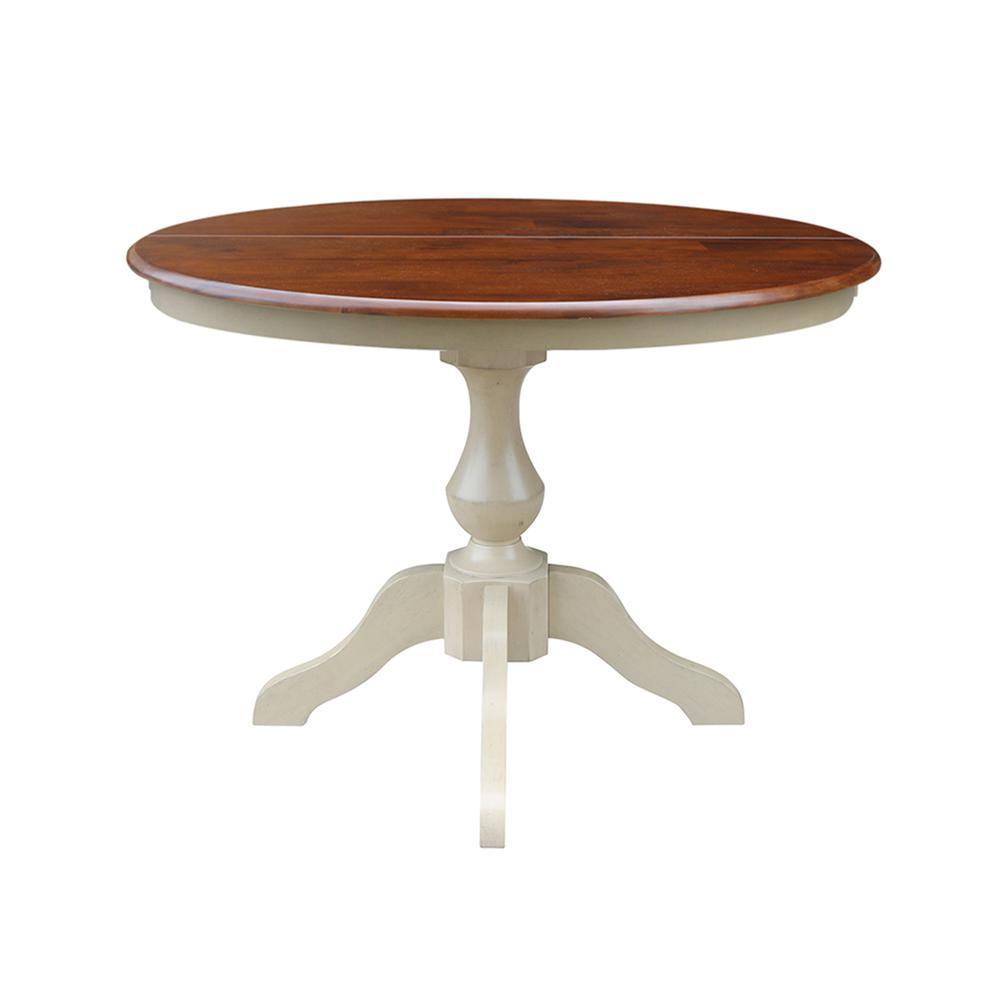 36" Round Top Pedestal Table With 12" Leaf - 28.9"H - Dining Height, Antiqued Almond/Espresso. Picture 11