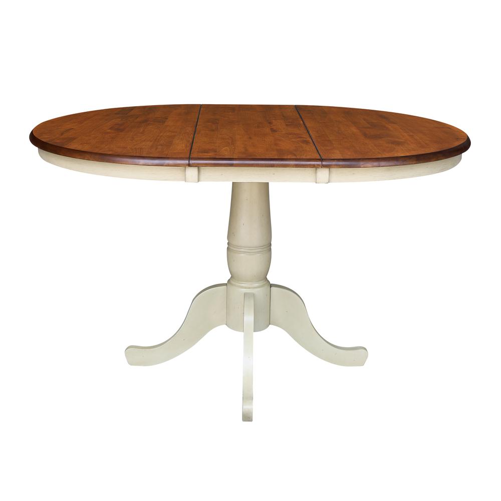 36" Round Top Pedestal Table With 12" Leaf - 28.9"H - Dining Height, Antiqued Almond/Espresso. Picture 2
