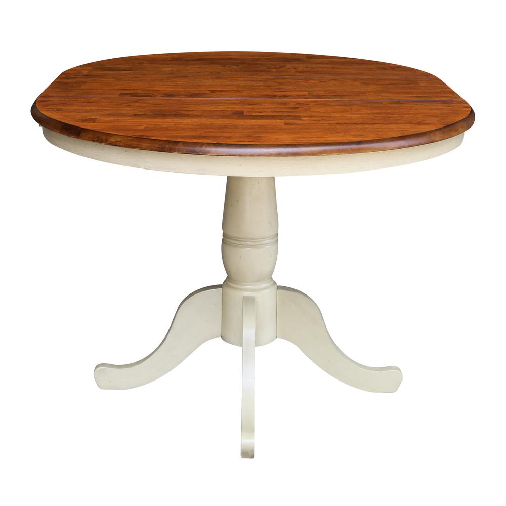 36" Round Top Pedestal Table With 12" Leaf - 28.9"H - Dining Height, Antiqued Almond/Espresso. Picture 4