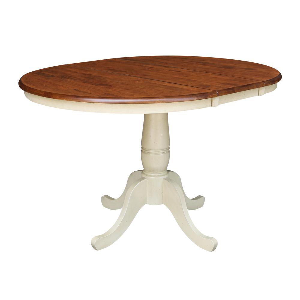 36" Round Top Pedestal Table With 12" Leaf - 28.9"H - Dining Height, Antiqued Almond/Espresso. Picture 7