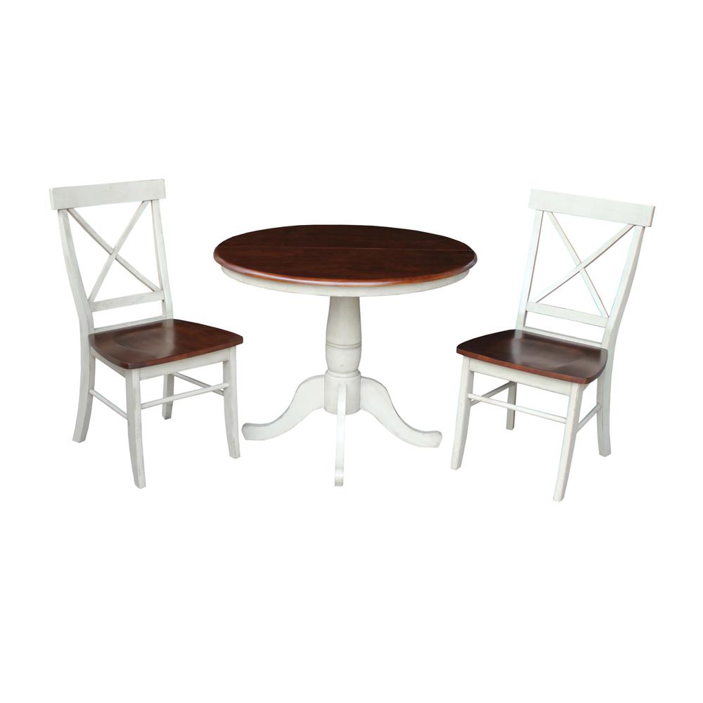 36" Round Extension Dining Table With 2 X-Back Chairs, Antiqued Almond/Espresso. Picture 1