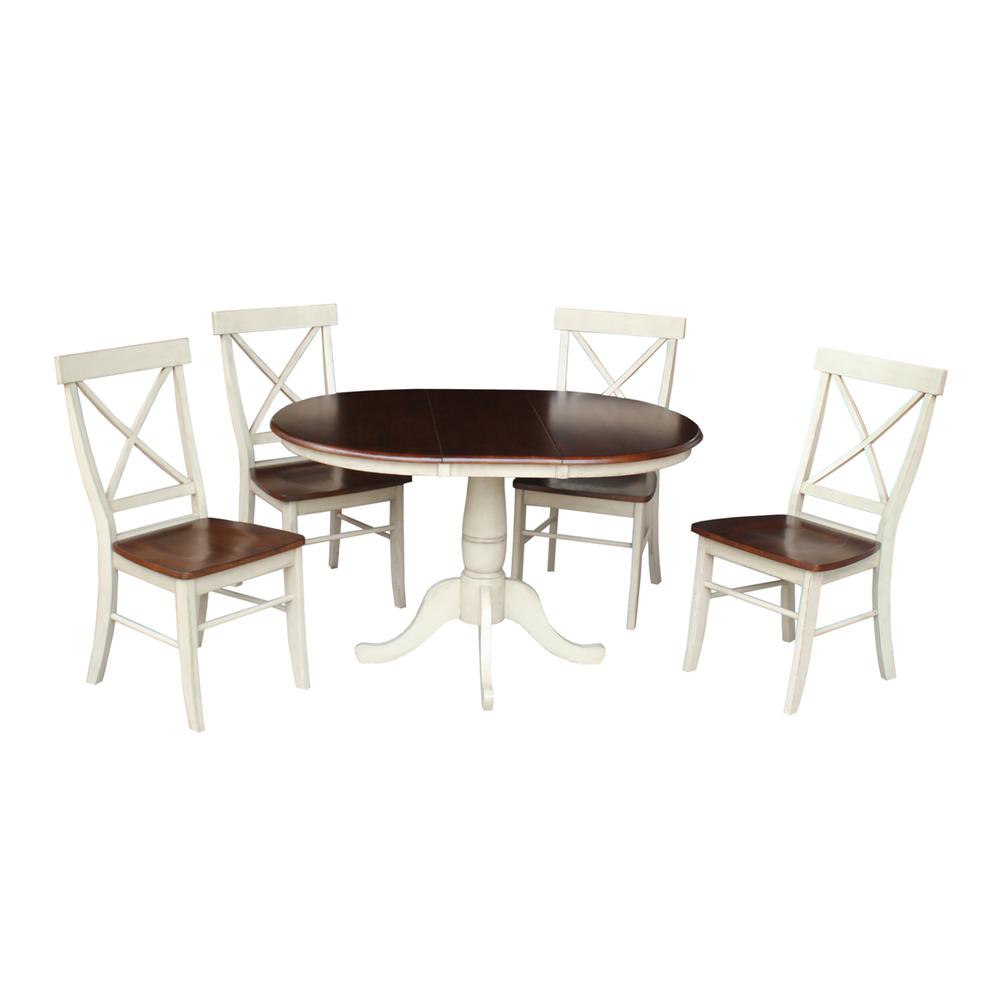 36" Round Extension Dining Table With 4 X-Back Chairs, Antiqued Almond/Espresso. Picture 4
