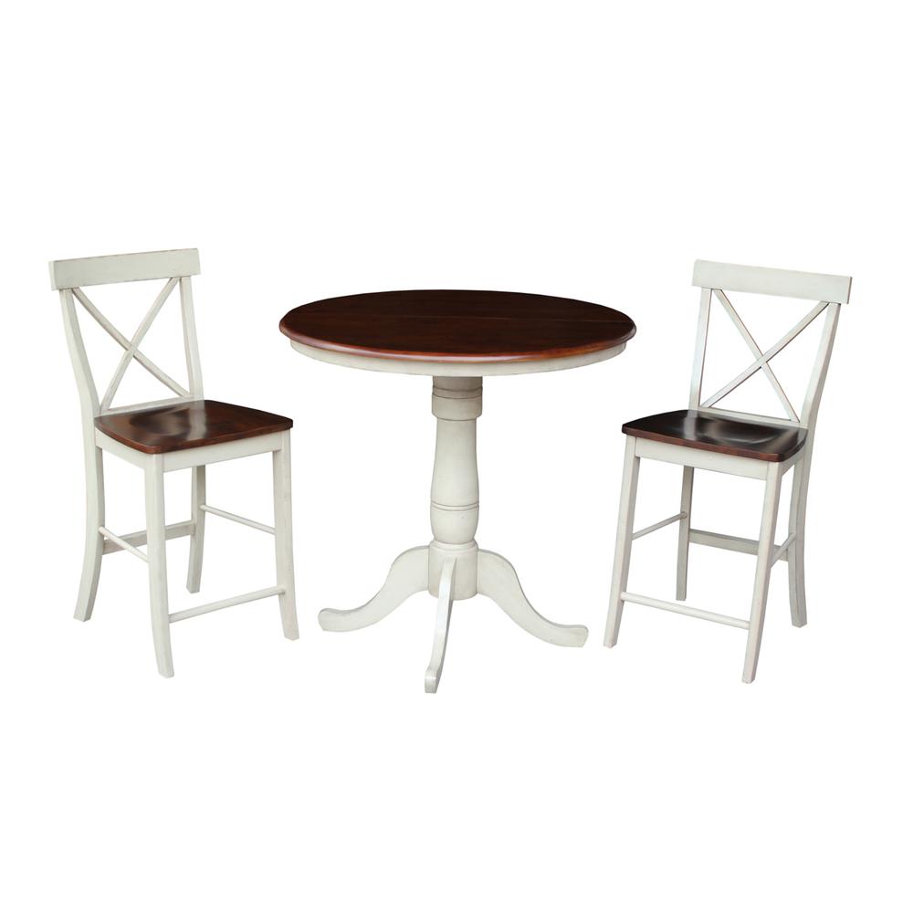 36" Round Extension Dining Table 34.9"H With 2 X-Back Counter height Stools, Antiqued Almond/Espresso. Picture 1