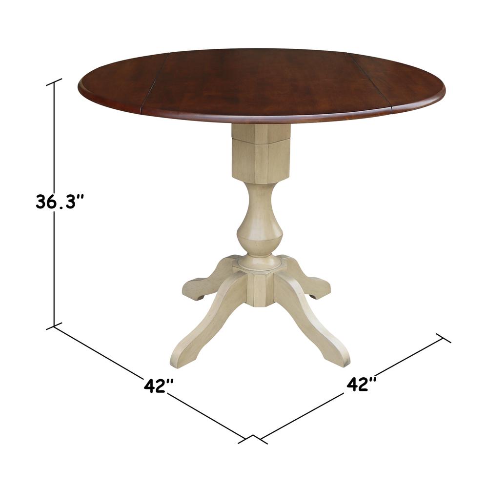 42" Round Dual Drop Leaf Pedestal Table - 29.5"H, Almond/Espresso Finish, Antiqued Almond/Espresso. Picture 24