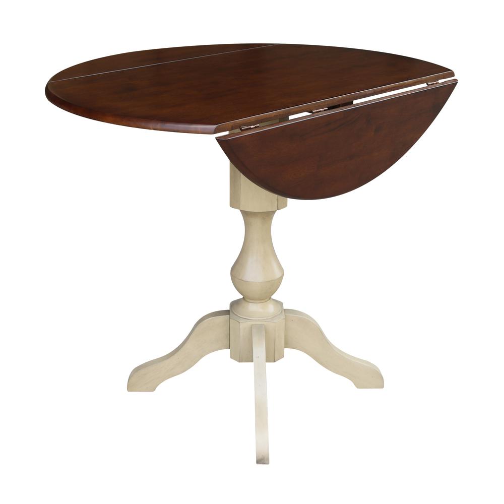 42" Round Dual Drop Leaf Pedestal Table - 29.5"H, Almond/Espresso Finish, Antiqued Almond/Espresso. Picture 26