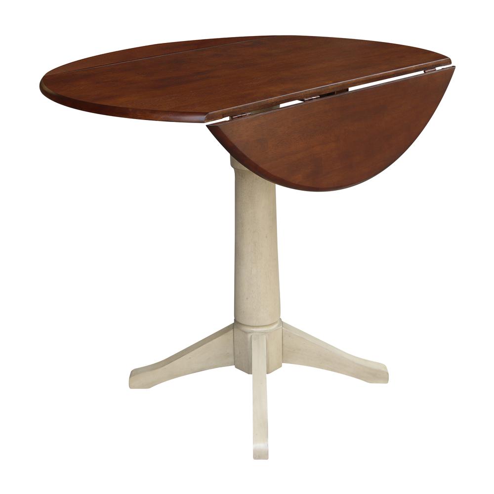 42" Round Dual Drop Leaf Pedestal Table - 36.3"H, Almond/Espresso Finish. Picture 4
