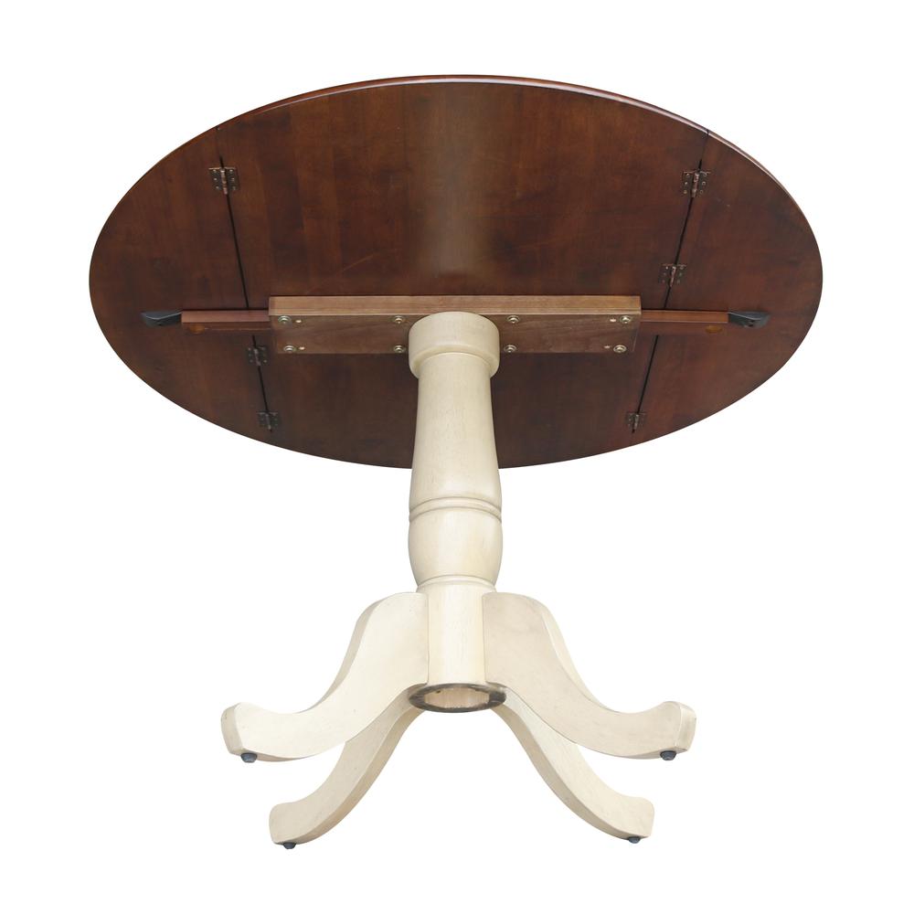 42" Round Dual Drop Leaf Pedestal Table - 29.5"H, Almond/Espresso Finish, Antiqued Almond/Espresso. Picture 7
